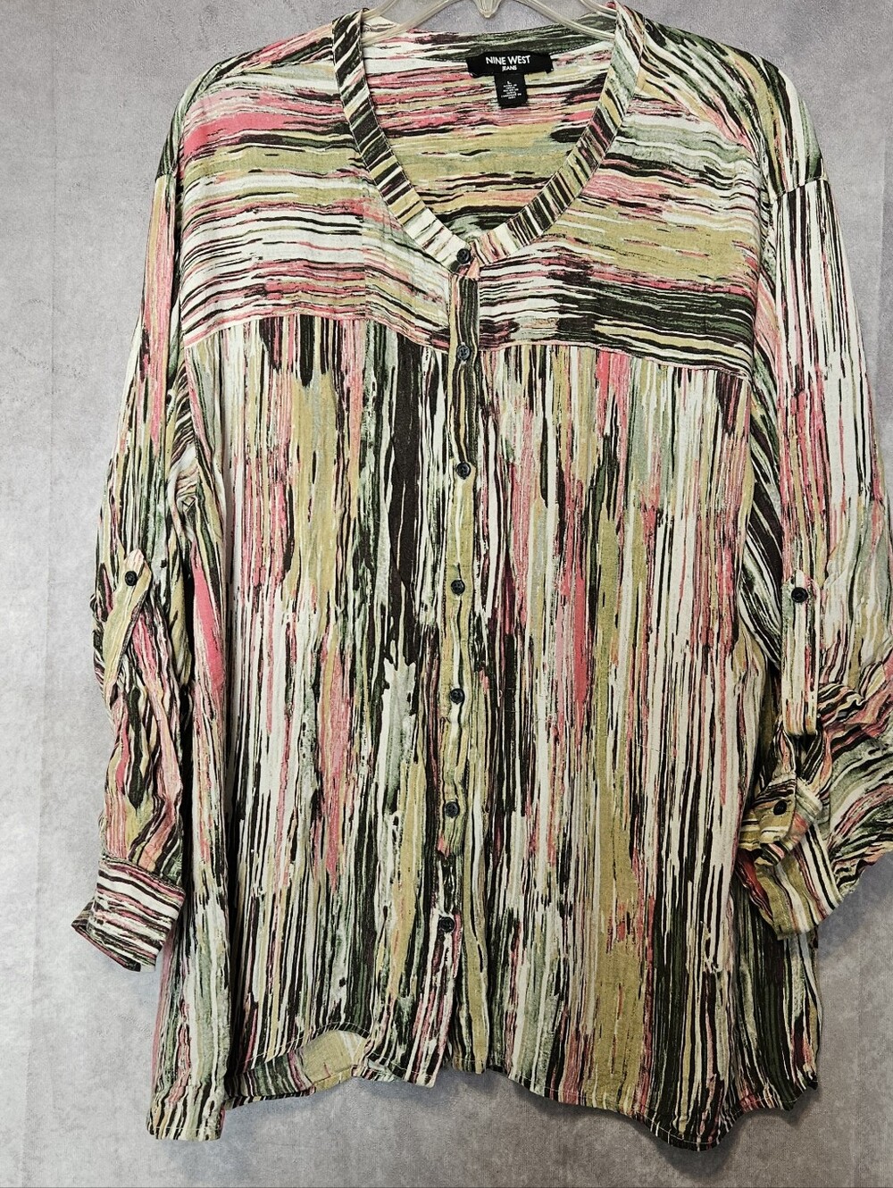 Nine West Jeans Womens Top Large L Multicolor Abstract Stripe Roll Tab Sleeve